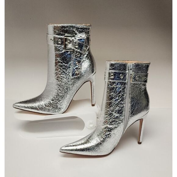 CHASE AND CHLOE Adonis-3 Buckle Pointed Toe Bootie Metallic Silver Size US 6.5 - Picture 2 of 12